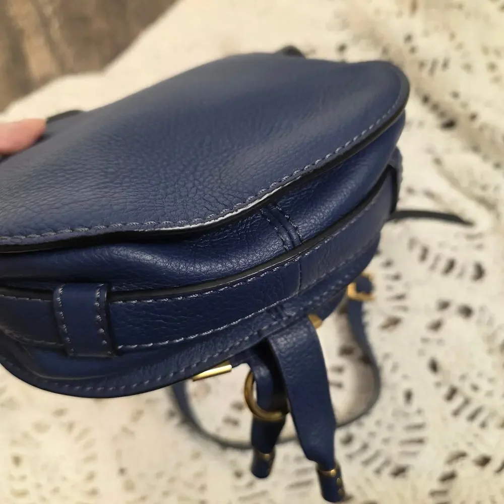 Chloé Marcie Small Saddle Crossbody Bag Navy Blue Grained Leather Gold Hardware